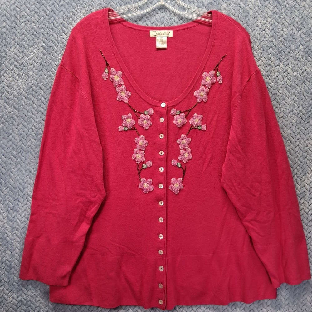 Bloom Womens Pink Beaded Floral Cardigan Sweater Size 3X Rayon Blend Long Sleeve